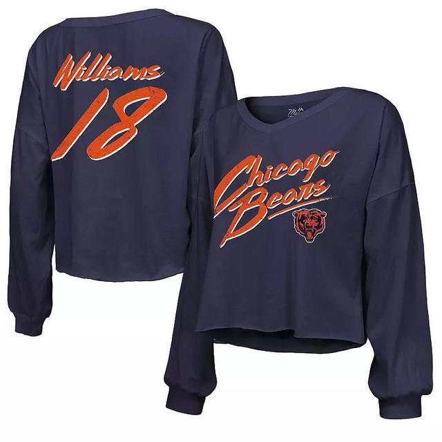 Womens Majestic Threads Caleb Williams Chicago Bears Name & Number Off-Shoulder Script Cropped Long Sleeve V-Neck T-Shirt Blue Product Image