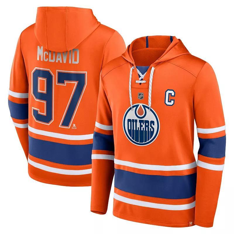 Mens Fanatics Branded Connor McDavid Orange Edmonton Oilers Name & Number Lace-Up Pullover Hoodie Product Image