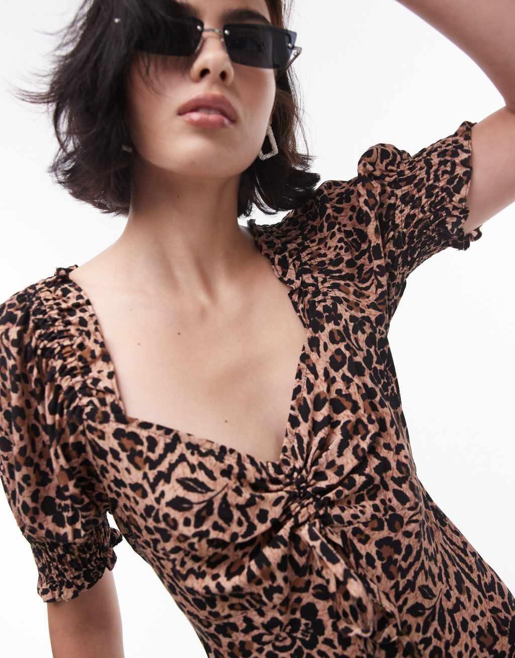 Topshop ruched front tea dress in animal print Product Image