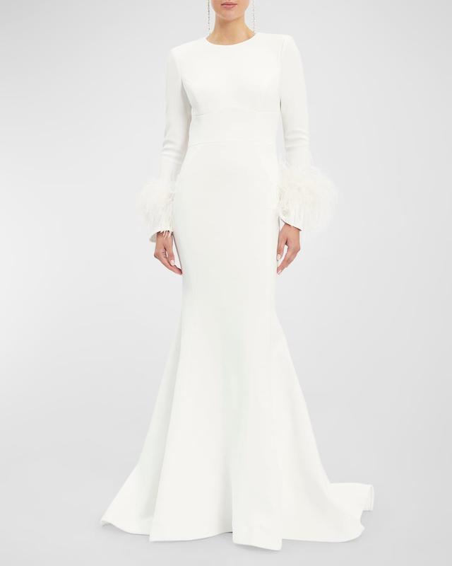 Plume Feather-Trim Open-Back Crepe Gown Product Image