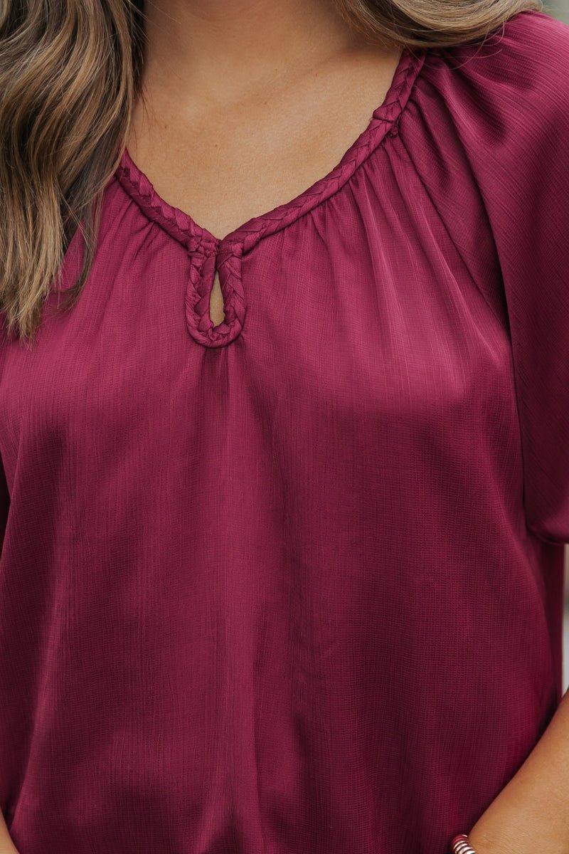 Be Seeing You Puff Sleeve Satin Top - Wine - FINAL SALE Product Image