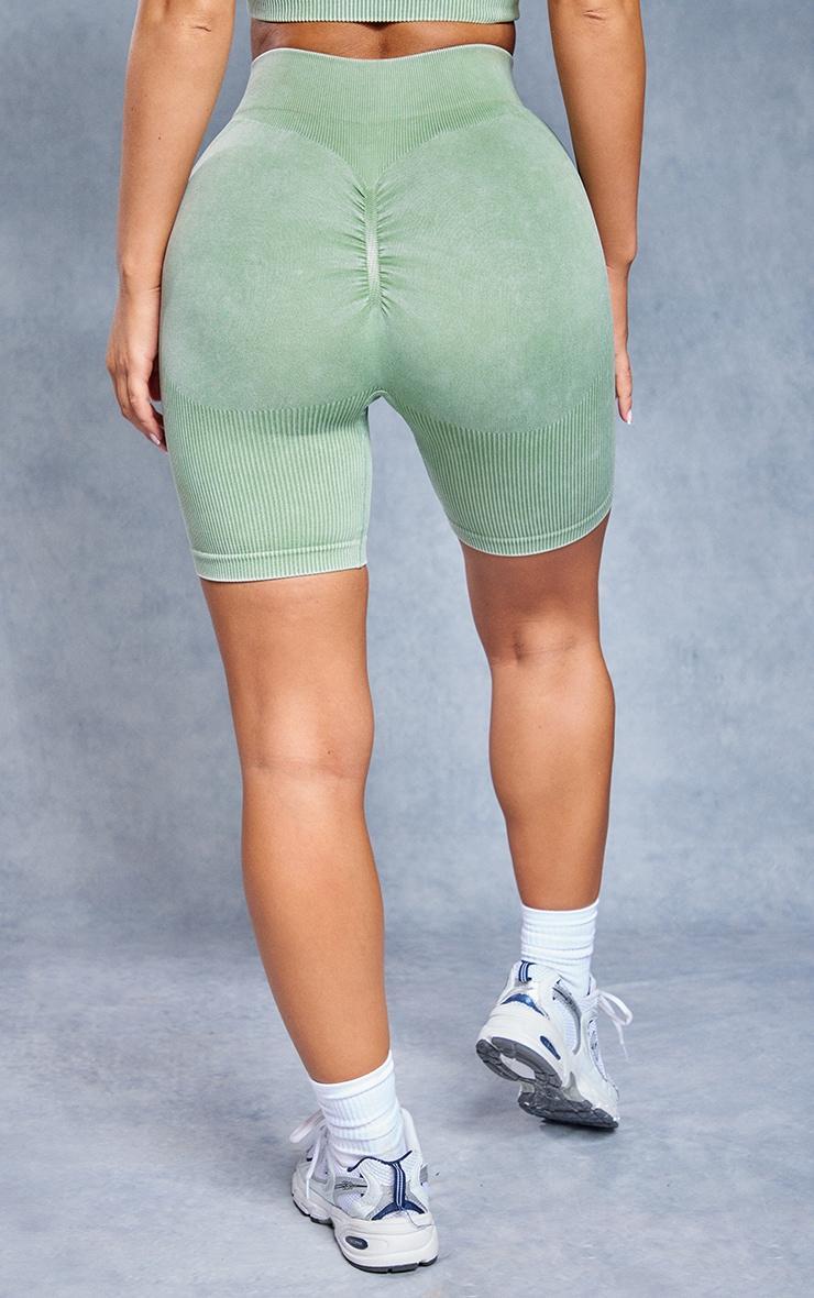 Khaki Acid Wash Seamless Rib Ruched Bum Booty Shorts Product Image