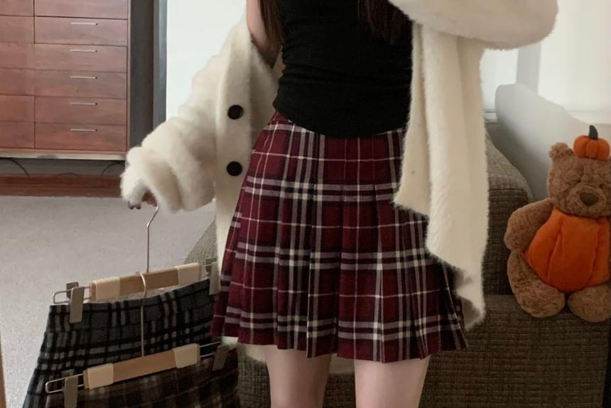 High Rise Plaid Mini Pleated Skirt Product Image