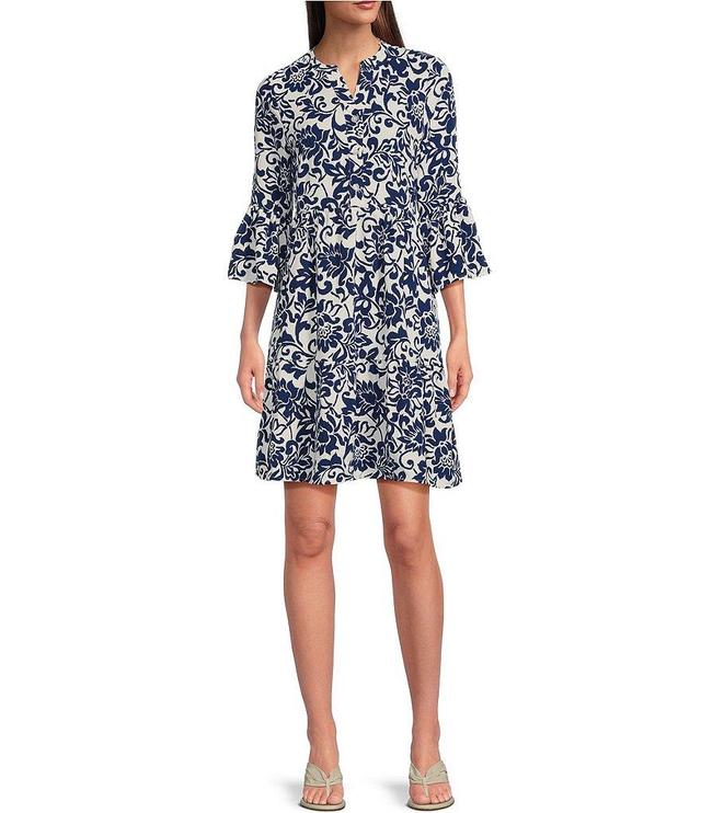 Leslie Fay 3/4 Sleeve Split V-Neck Printed A-Line Dress Product Image