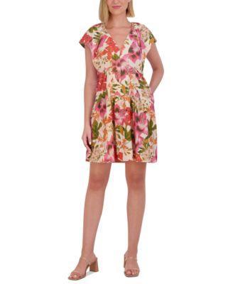 Vince Camuto Womens Floral Cap-Sleeve A-Line Dress Product Image