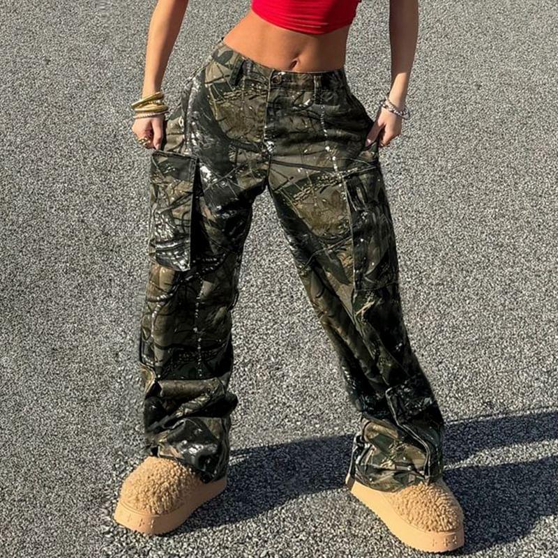 Mid Rise Camouflage Wide Leg Cargo Pants Product Image