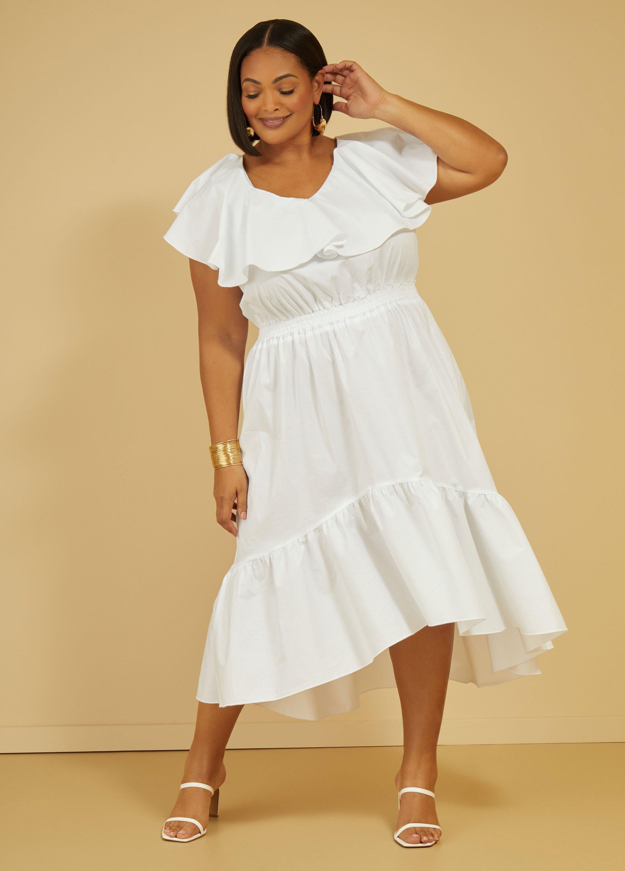 Plus Size Ruffled Cotton Blend Midi Dress Ashley Stewart Product Image