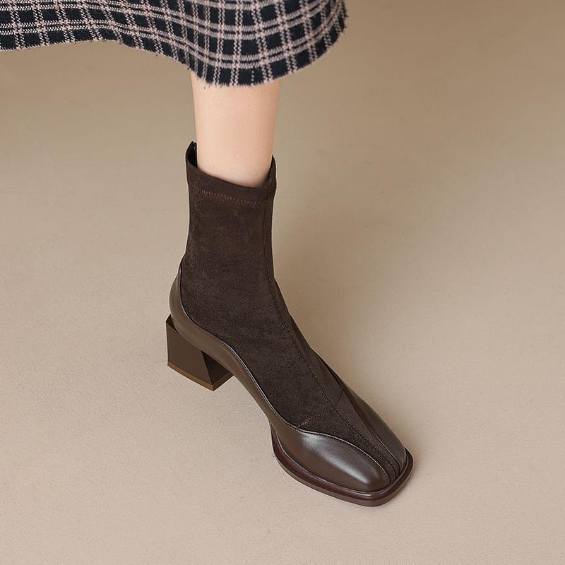 Square Toe Panel Faux Suede Block Heel Short Boots Product Image