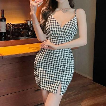 Spaghetti Strap Houndstooth Slit Mini Bodycon Dress Product Image