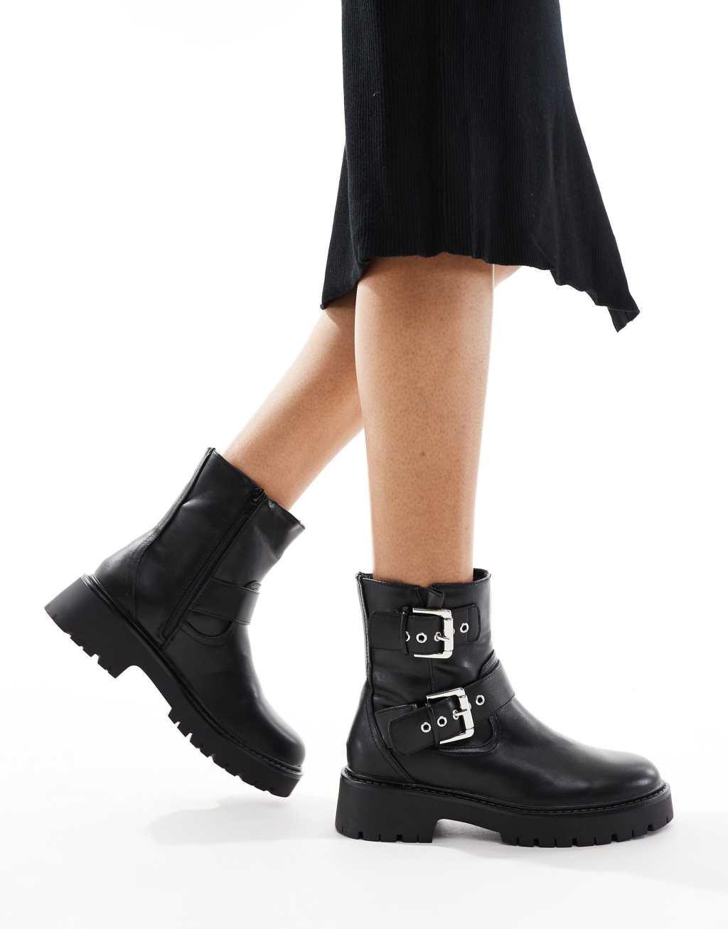 London Rebel Keely buckle biker ankle boots in black  Product Image