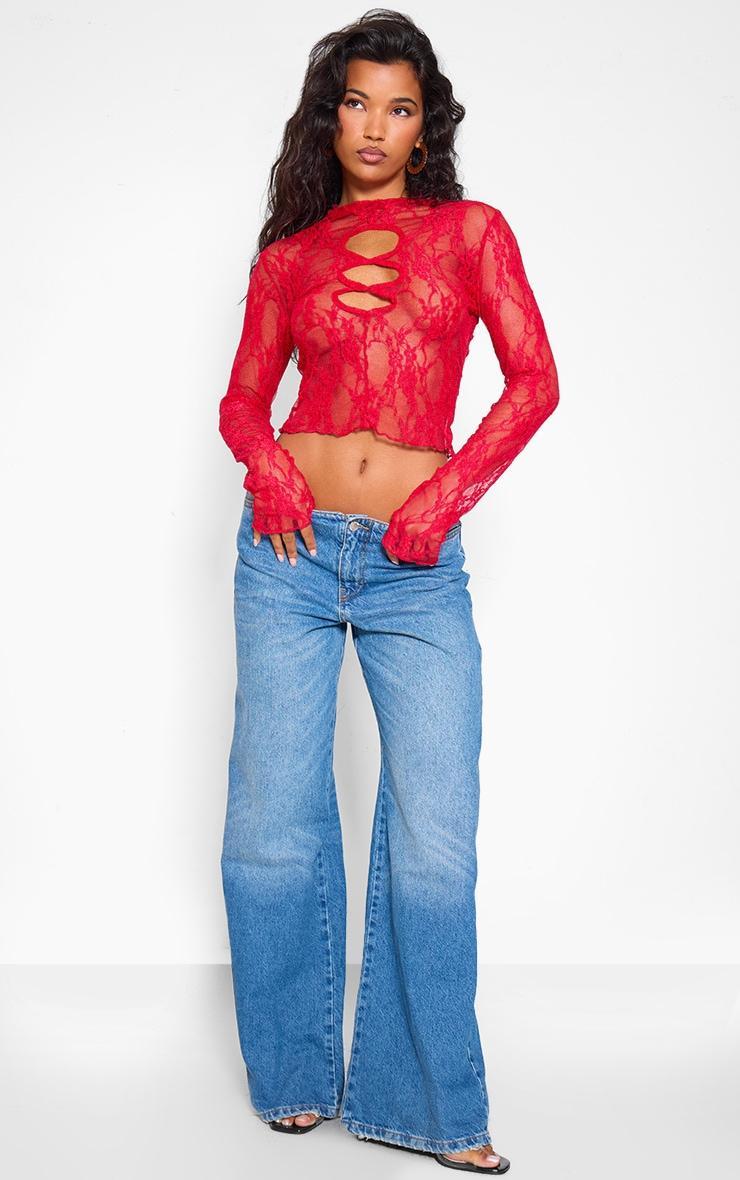 Red Lace Cut Out Long Sleeve Crop Top Product Image