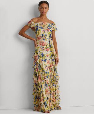 Women's Ruffled Floral Off-The-Shoulder Gown Product Image