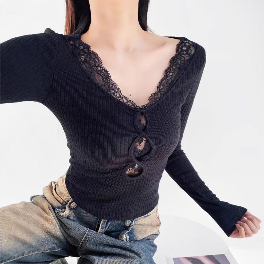 Long Sleeve V-Neck Plain Cutout Panel Lace Top Product Image