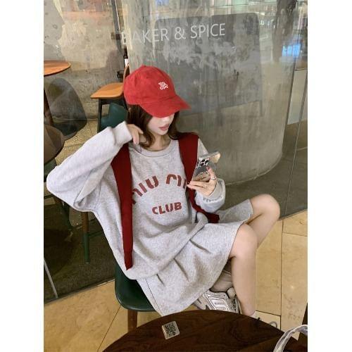 Round Neck Lettering Print Sweatshirt / High Waist Plain Pleated Mini A-Line Skirt / Plain Shawl Product Image