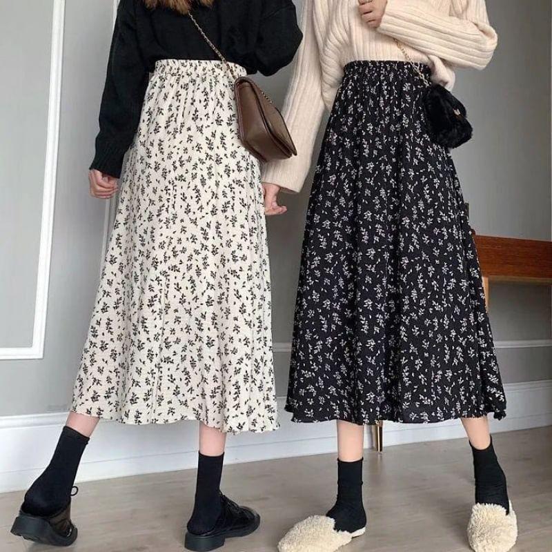 Elastic Waist Floral Print Midi A-Line Skirt Product Image