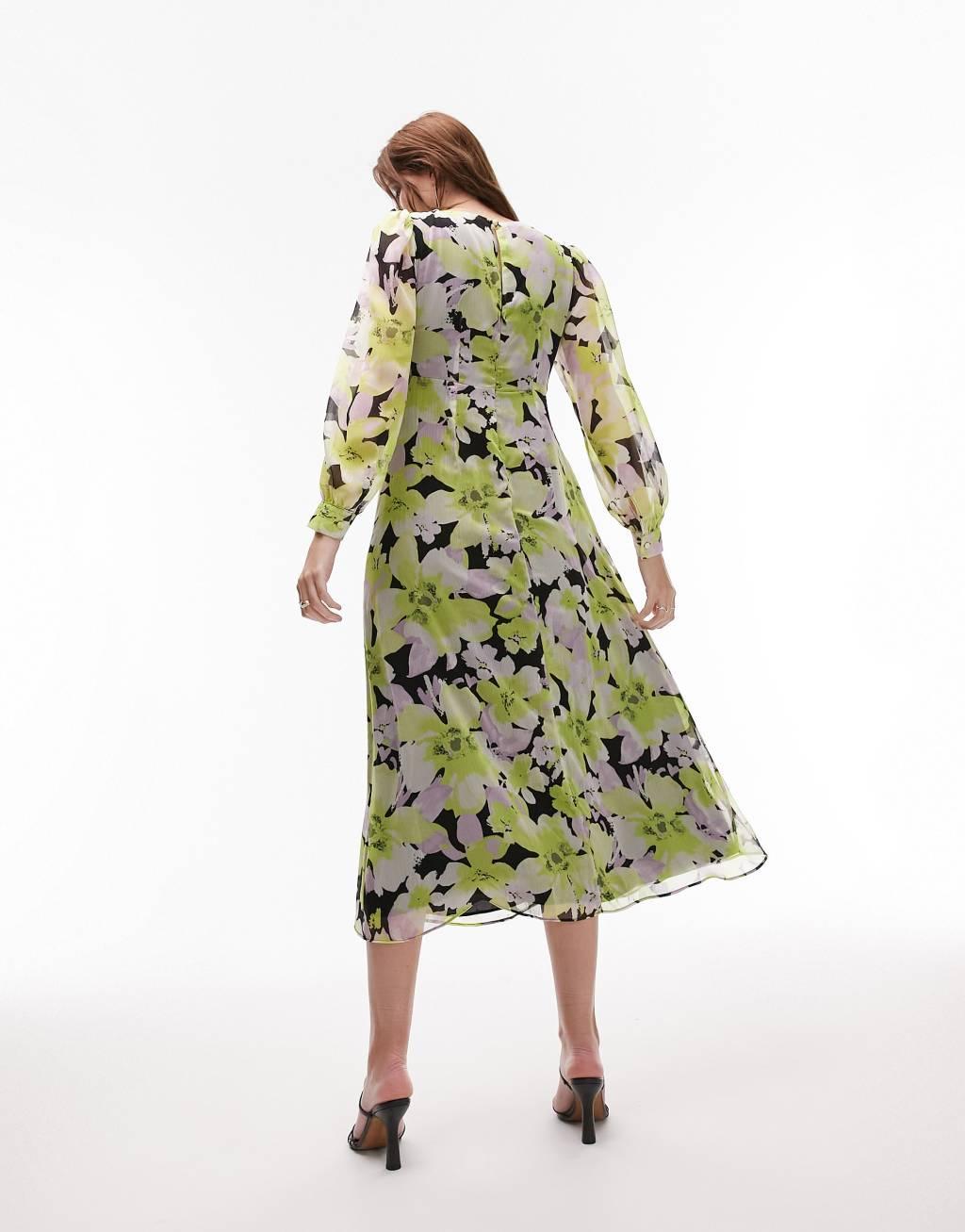 Topshop long sleeve twist cut out midi dress in floral print Product Image