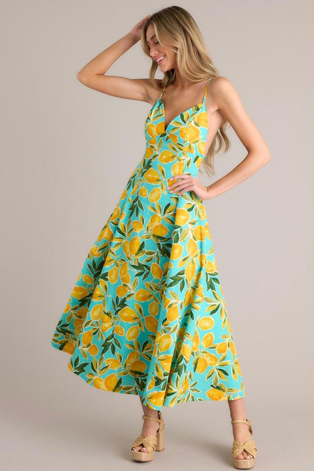 Sunshine Squeeze Aqua Lemon Print Midi Dress Product Image