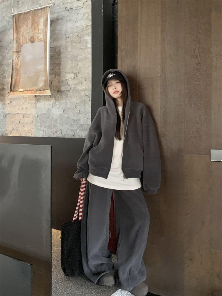 Long-Sleeve Crew Neck Plain T-Shirt / Zip-Up Hoodie / High Rise Wide Leg Sweatpants Product Image