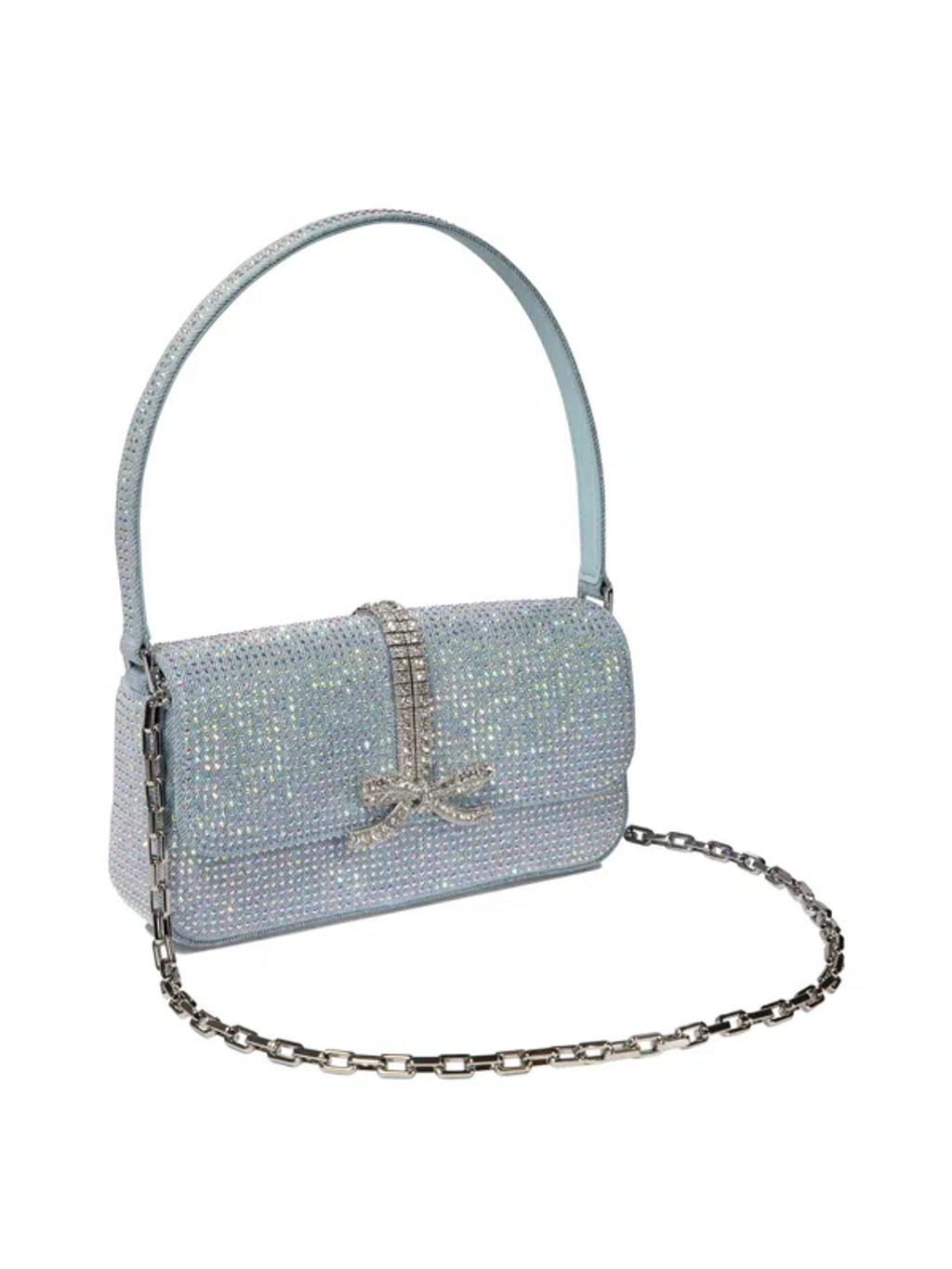 Self Portrait Rhinestone Denim Shoulder Bag In Light Blue Product Image