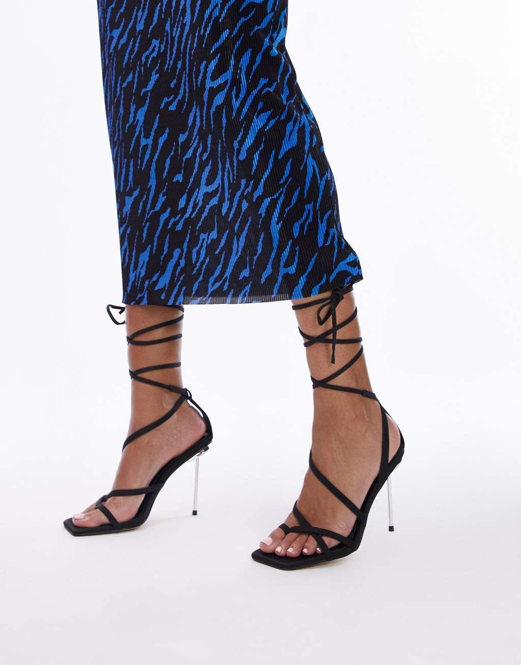 Topshop Stella strappy ankle tie heeled sandal in black Product Image