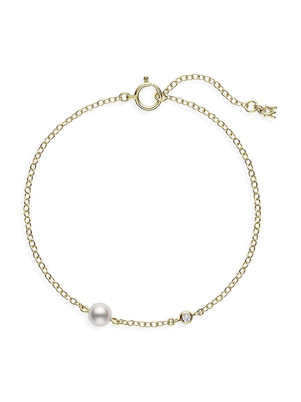 Womens 18K Yellow Gold, Diamond & 5MM Akoya Pearl Station Bracelet Product Image