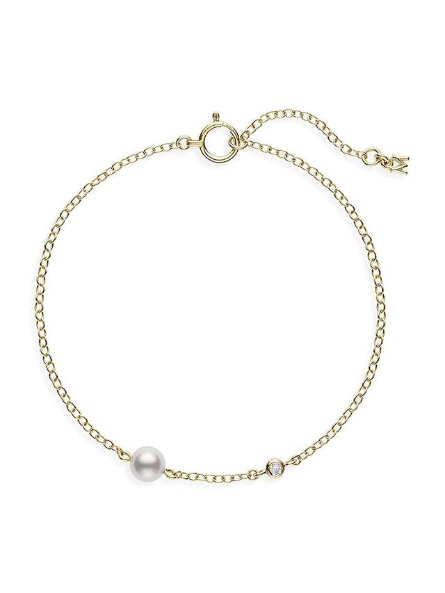 Womens 18K Yellow Gold, Diamond & 5MM Akoya Pearl Station Bracelet Product Image