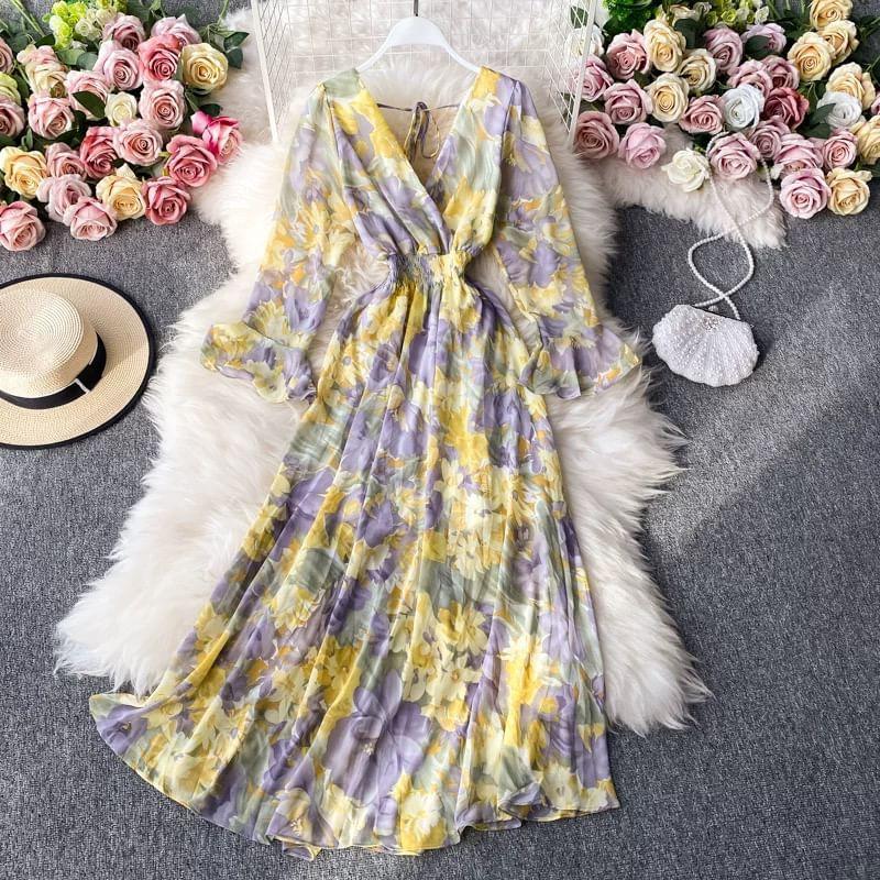 Flared-Sleeve V-Neck Floral Maxi A-Line Dress Product Image