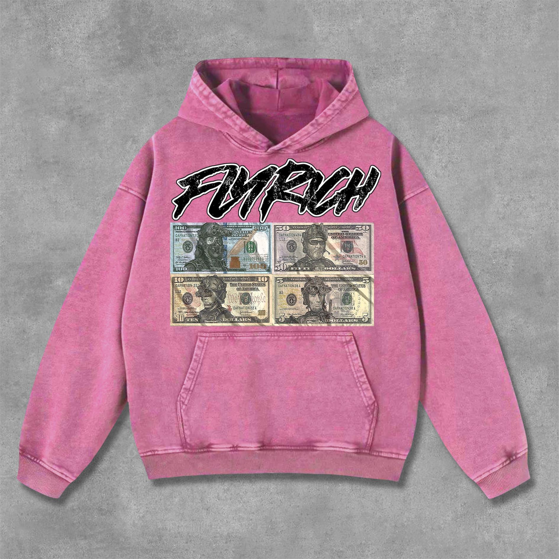 Sopula Fly Rich Chasing Money Graphic Print Washed Distressed Pocket Hoodie Product Image