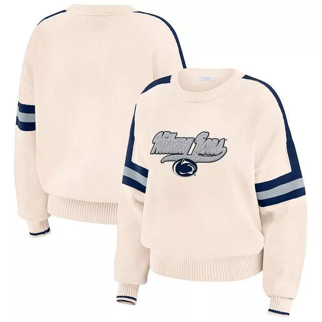 Womens WEAR by Erin Andrews Cream Penn State Nittany Lions Chenille Woven Patch Stripe Pullover Sweatshirt Product Image