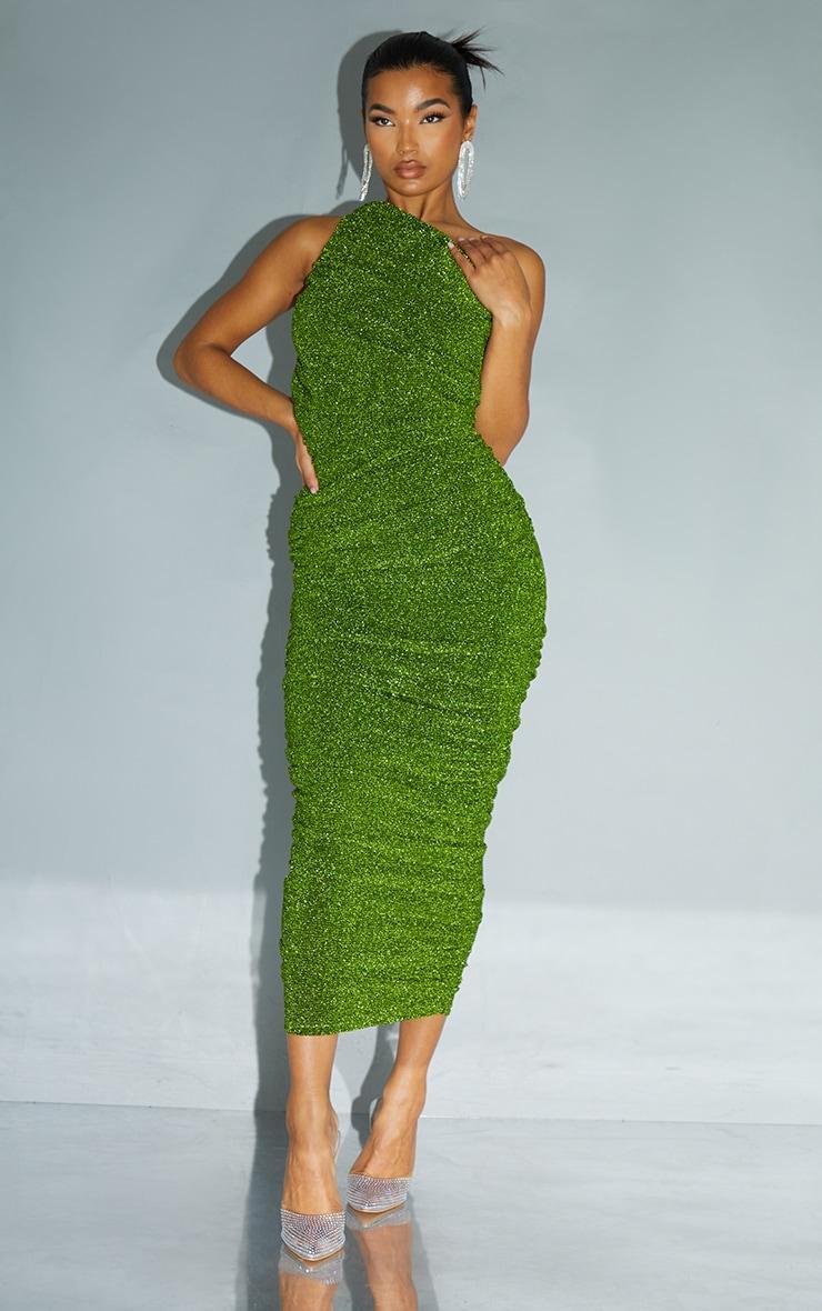 Green Glitter Plisse Ruched One Shoulder Midi Dress Product Image