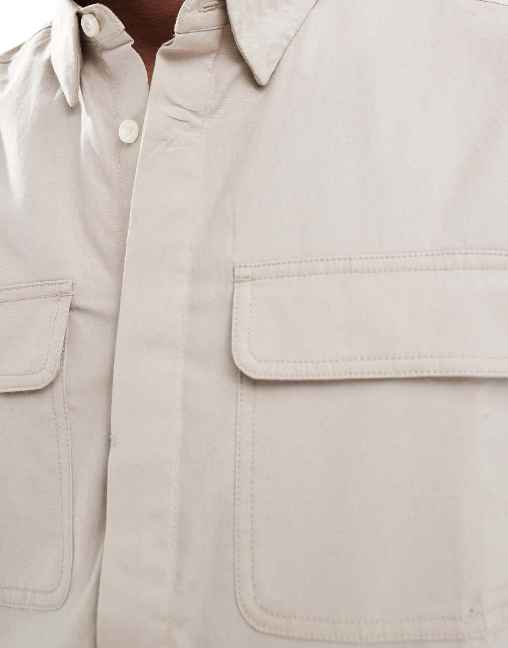 French Connection shirt with double breast pockets in stone Product Image