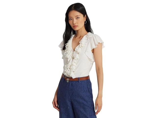 LAUREN Ralph Lauren Ruffle-Trim Gauze Flutter-Sleeve Shirt (Mascarpone Cream) Women's Clothing Product Image