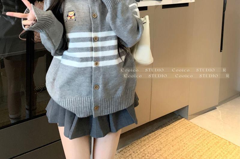 Bear-Embroidered Striped Crew-Neck Cardigan Product Image