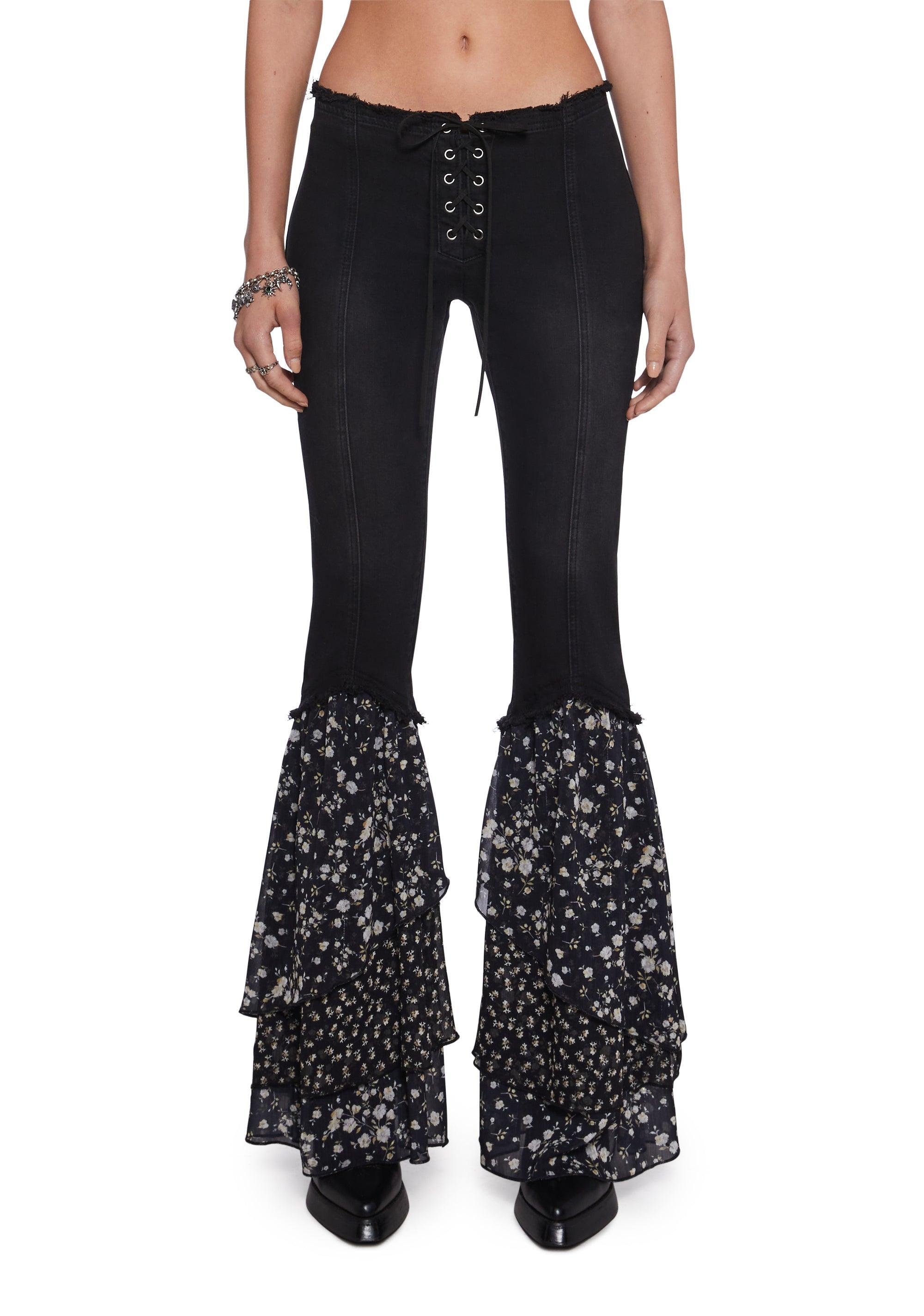 Denim Jeans With Floral Print Flares Current Mood - Black Product Image