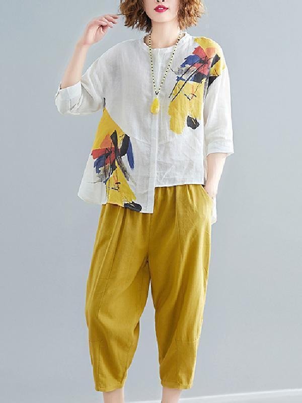 Printed Shirt + Solid Wide Leg Pants Product Image