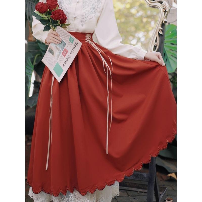 Traditional Chinese Long-Sleeve Shirt / High Waist Maxi Skirt / Set Product Image