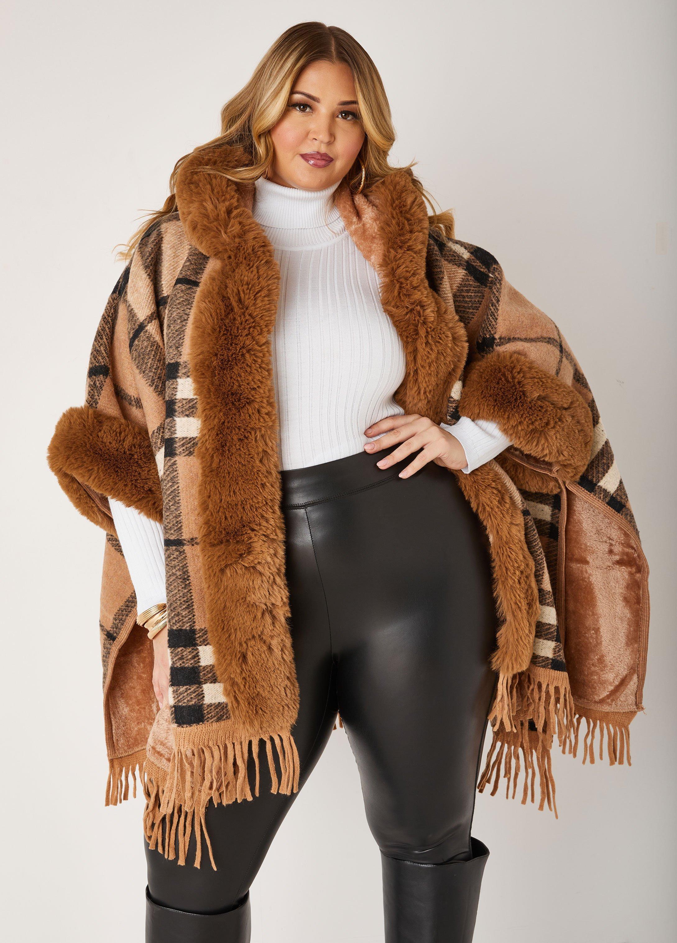 Faux Fur Trimmed Hooded Poncho Product Image