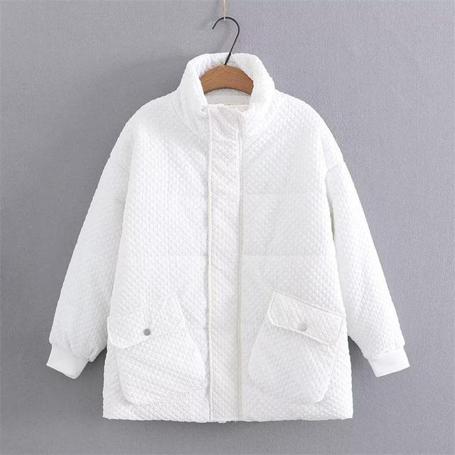 Plus Size Stand Collar Plain Padded Zip Jacket Product Image