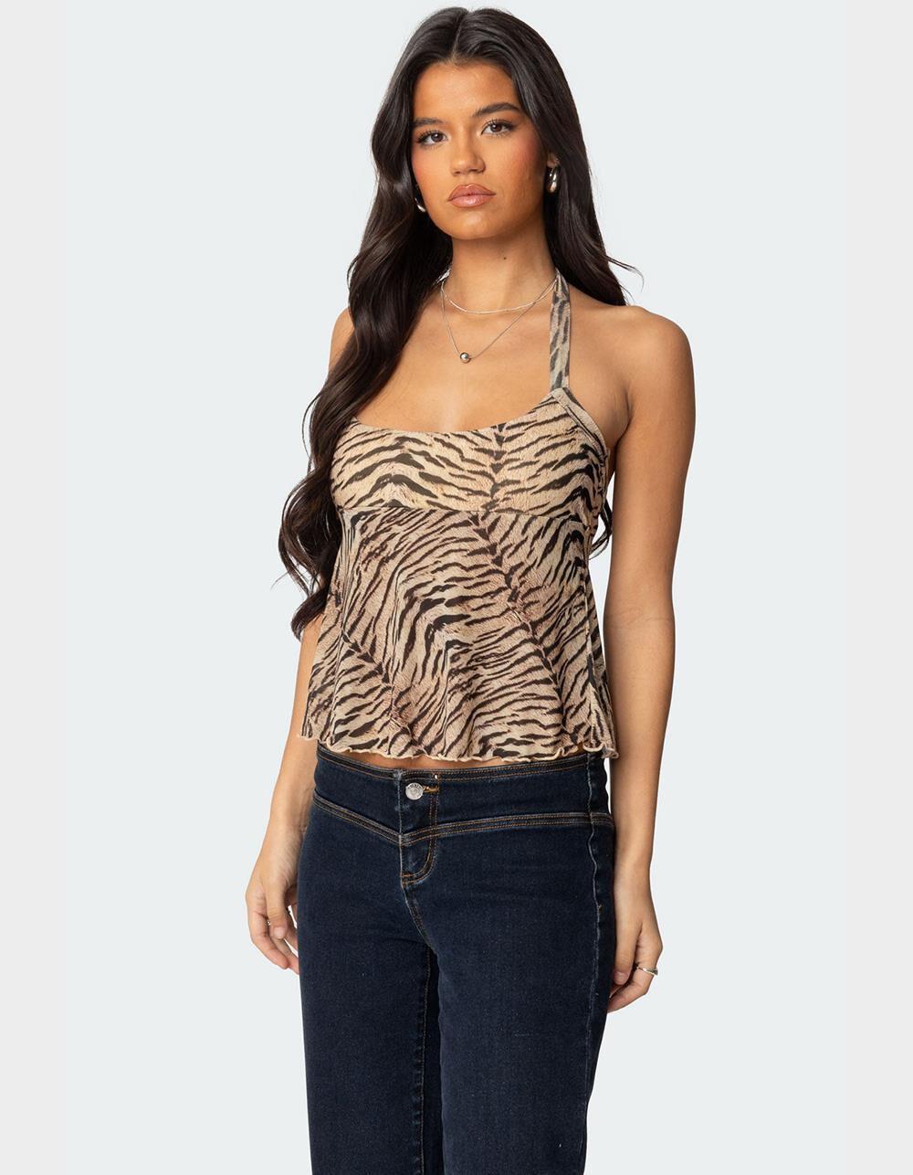 EDIKTED Tiger Printed Mesh Babydoll Top Product Image