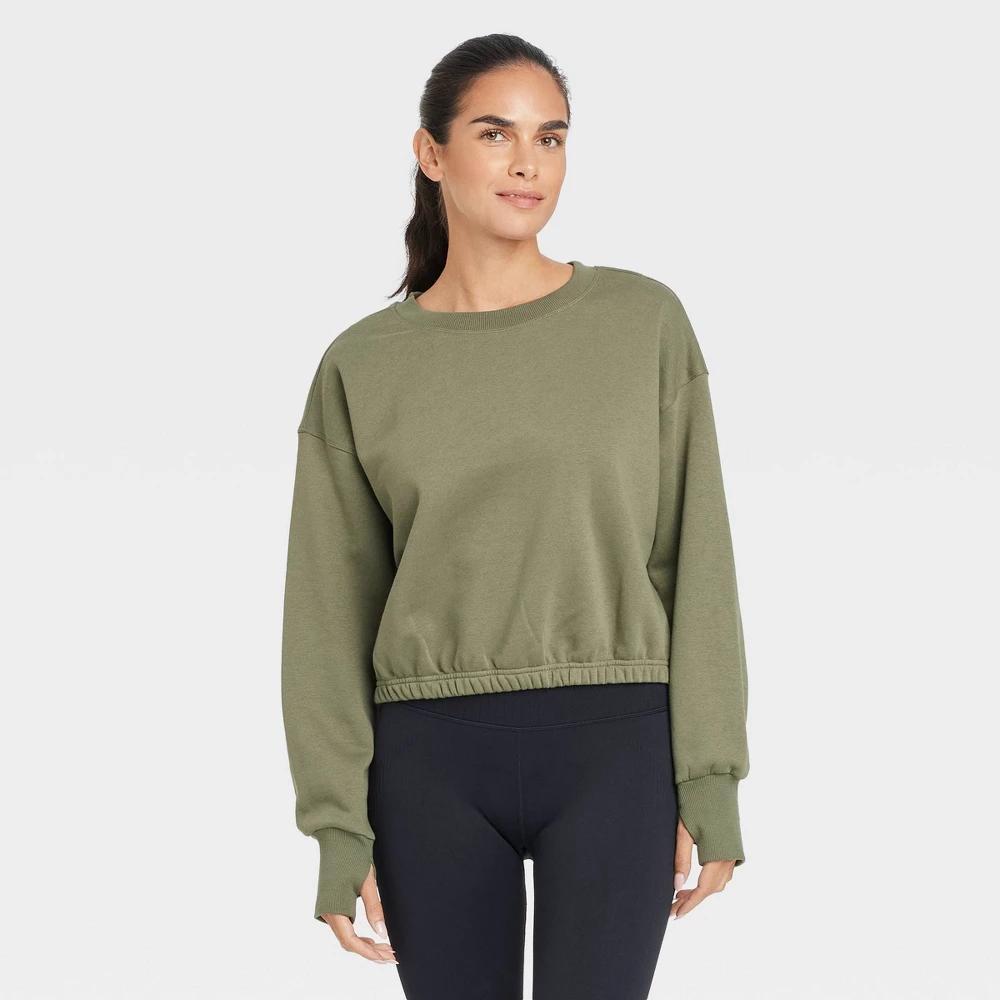 Womens Fleece Cropped Crewneck Pullover Sweatshirt - JoyLab Olive XL Product Image