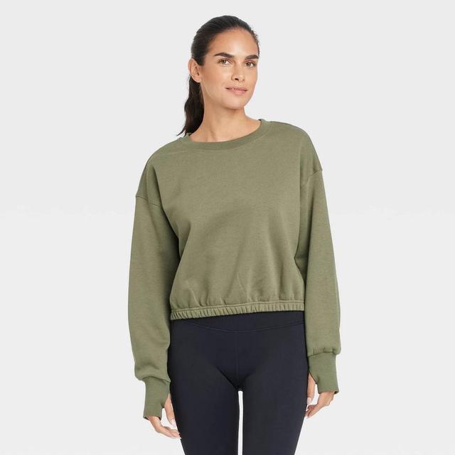 Womens Fleece Cropped Crewneck Pullover - JoyLab Olive Product Image