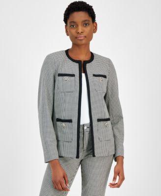 Petite Houndstooth Collarless Braid-Trim Jacket Product Image