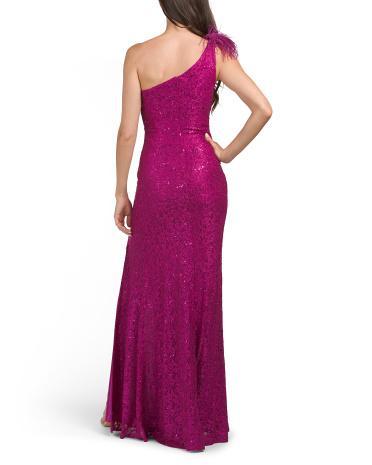 Sequin Lace One Shoulder Gown With Slit for Women Product Image