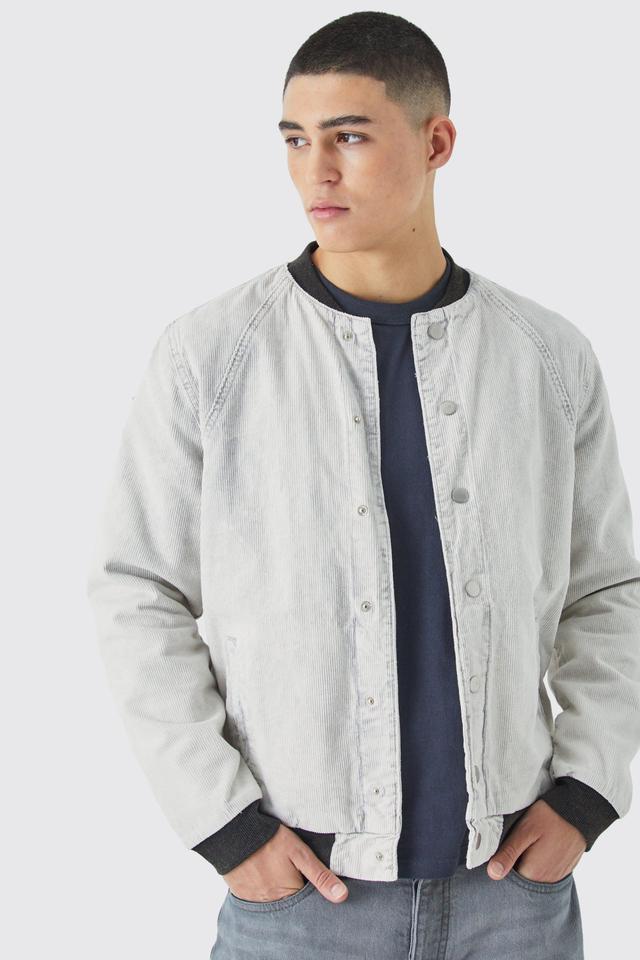 Cord Acid Wash Qulited Bomber Jacket In Light Grey | boohooMAN USA Product Image