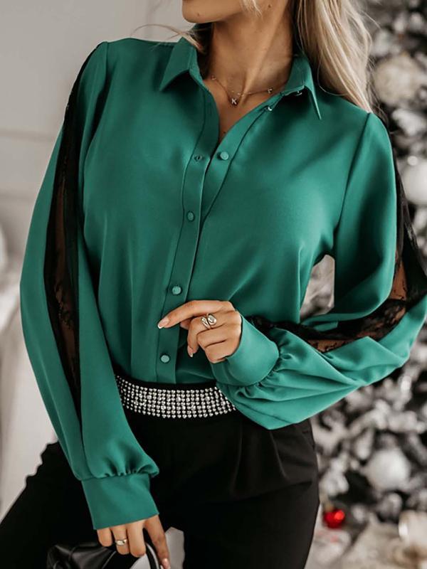 Long Sleeves Loose Buttoned Mesh Split-Joint Lapel Blouses&Shirts Tops product image