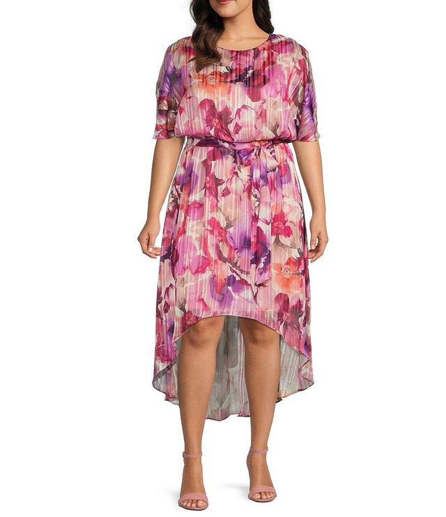 Jessica Howard Plus Size Split Short Sleeve Floral Print Chiffon High-Low A-Line Midi Dress Product Image