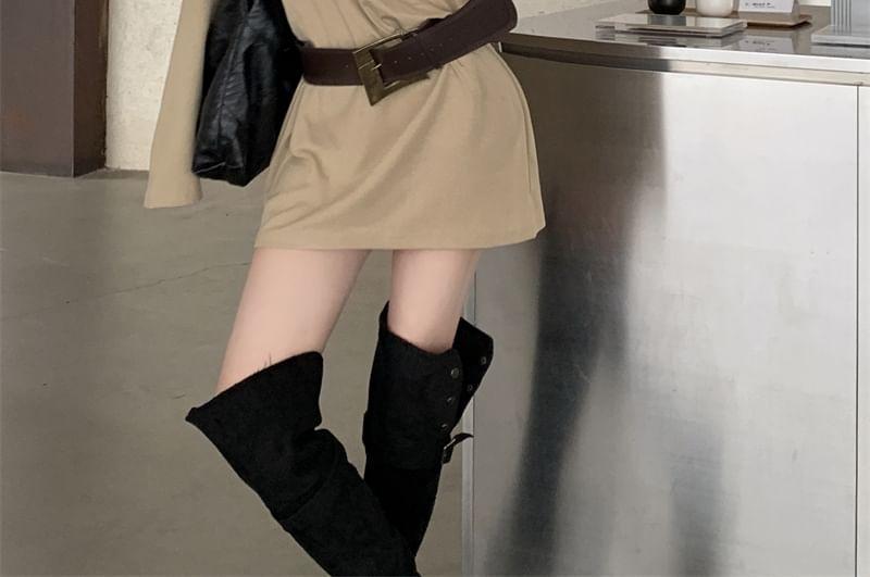 Long-Sleeve Off-Shoulder Plain Mini Sheath Dress / Belt Product Image