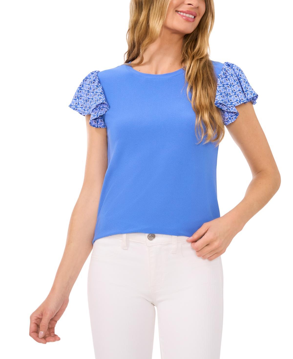 CeCe Womens Mixed-Media Flutter-Sleeve Knit Top Product Image