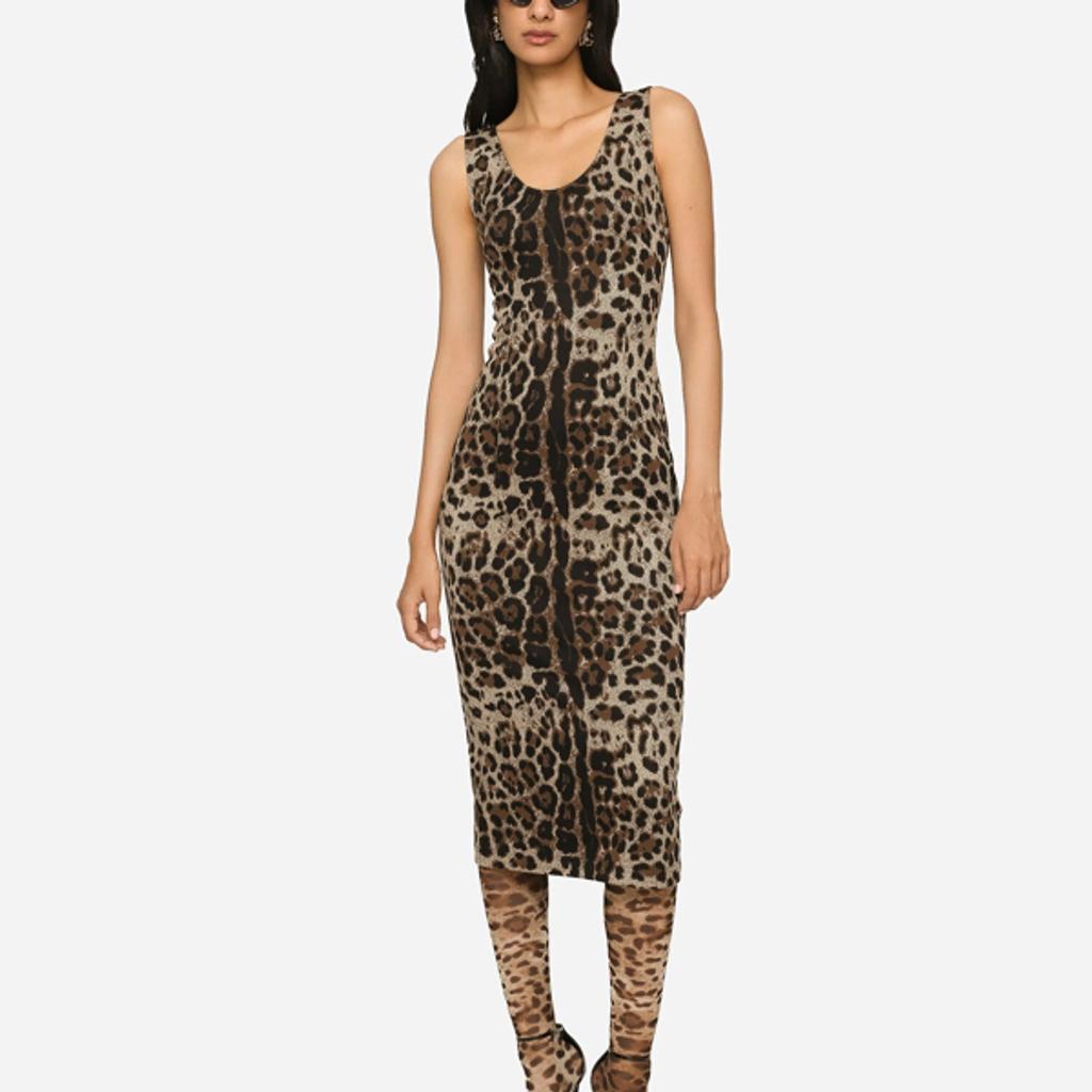 DOLCE & GABBANA Long Jersey Dress With Jacquard Leopard Design In Multi Product Image