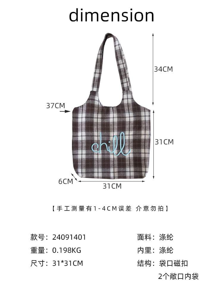 Plaid Lettering Embroidered Tote Bag Product Image